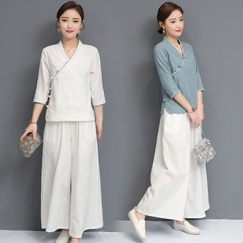Spring and Summer Chinese style cotton linen yoga clothes suit women's vintage jacquard Hanfu Ju Shi clothing meditation tea man clothes two-piece suit