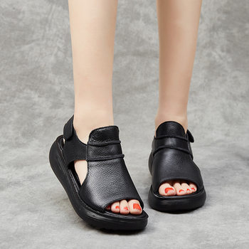 Fish Mouth Shoes Women's Beach Rome 2024 New Platform Wedge Casual Women's Shoes Summer Cowhide Heightened Thick-Soled Sandals