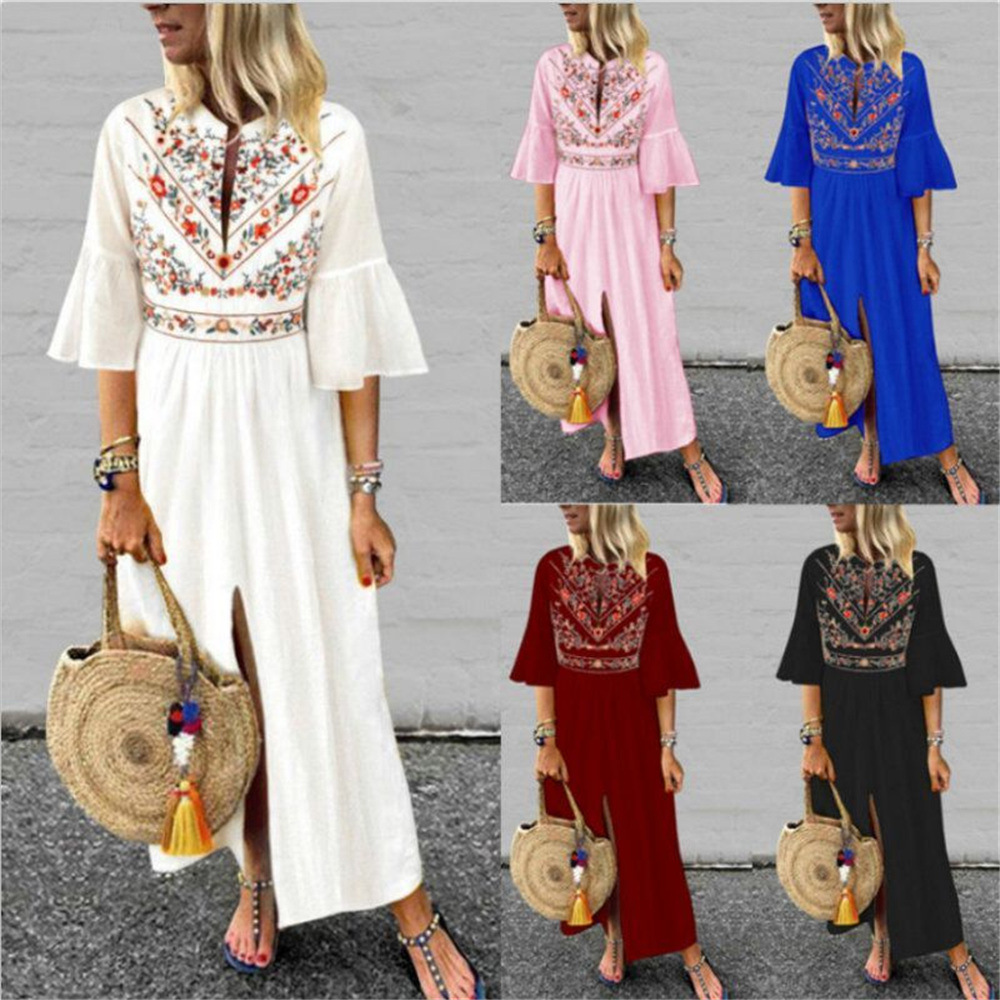 Bohemian A Line Dress Loose Fit Mid Sleeve Floral Print Color Block Casual Wear for Summer Wholesale Available