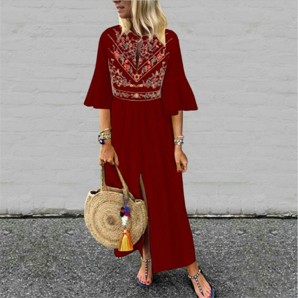 Bohemian A Line Dress Loose Fit Mid Sleeve Floral Print Color Block Casual Wear for Summer Wholesale Available