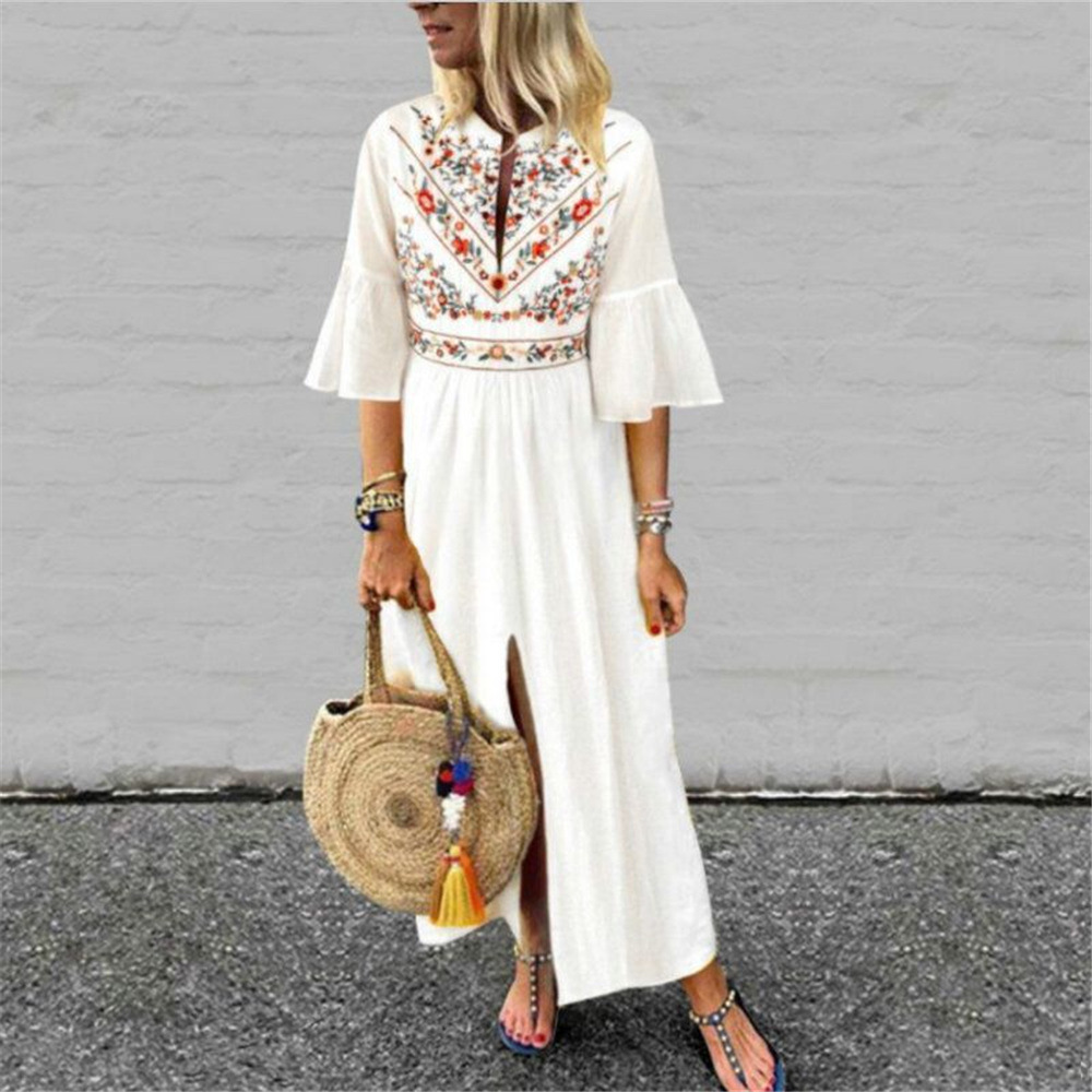 Bohemian A Line Dress Loose Fit Mid Sleeve Floral Print Color Block Casual Wear for Summer Wholesale Available