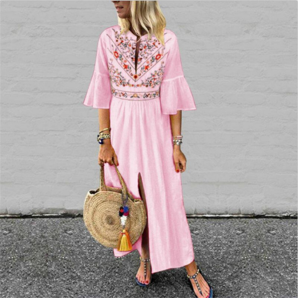 Bohemian A Line Dress Loose Fit Mid Sleeve Floral Print Color Block Casual Wear for Summer Wholesale Available