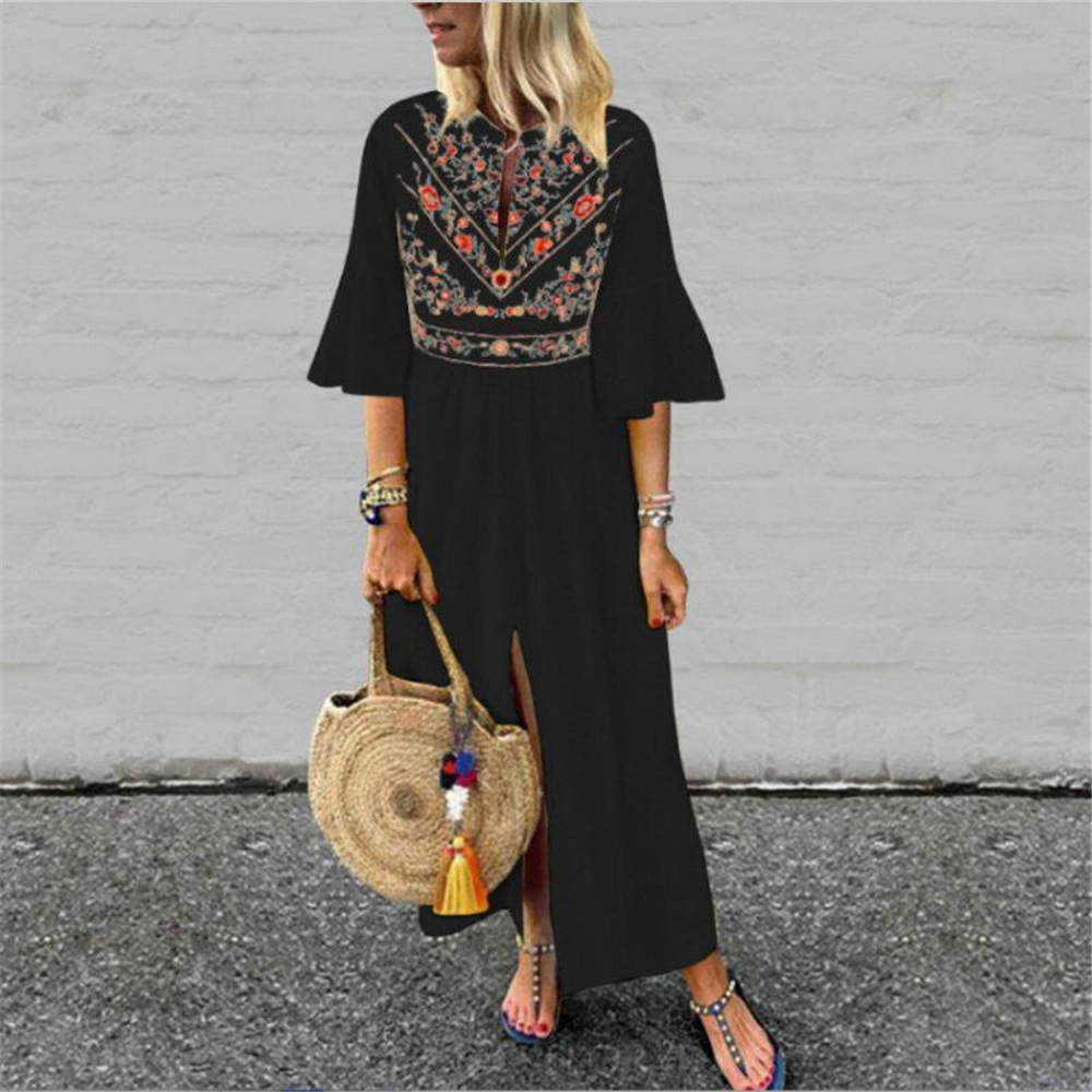 Bohemian A Line Dress Loose Fit Mid Sleeve Floral Print Color Block Casual Wear for Summer Wholesale Available