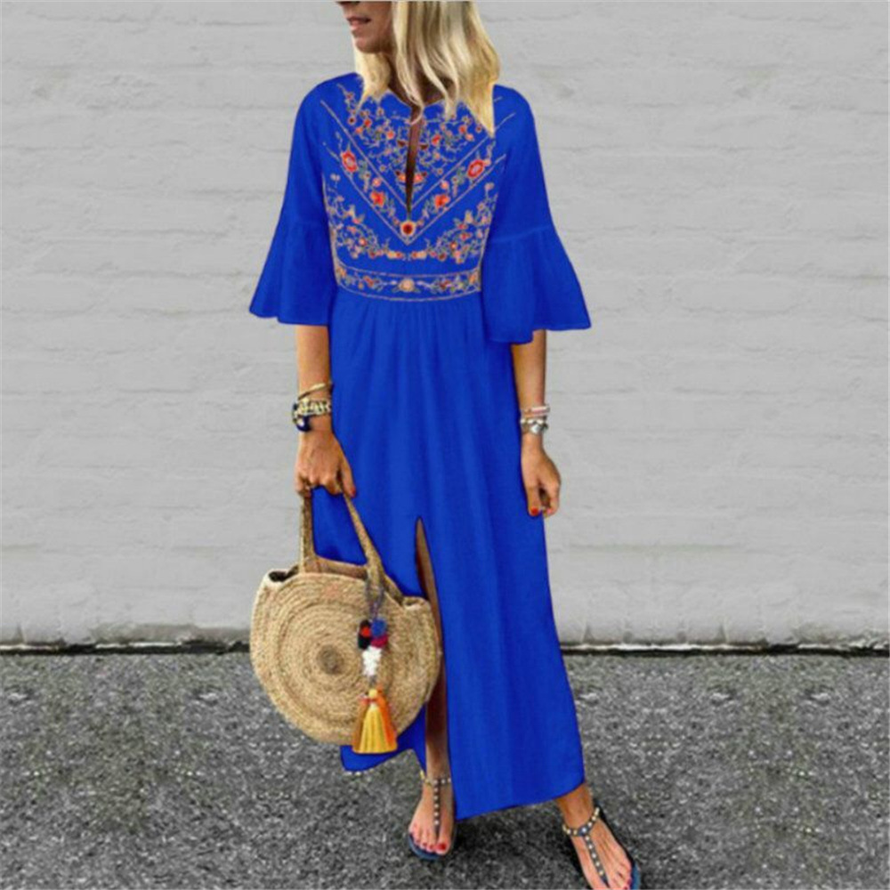 Bohemian A Line Dress Loose Fit Mid Sleeve Floral Print Color Block Casual Wear for Summer Wholesale Available