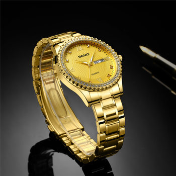 Seno Chen Nuo Gold Watch for Men with Diamond-Encrusted Dial, Luminous Hands, Dual Calendar Movement, Dropshipping Available