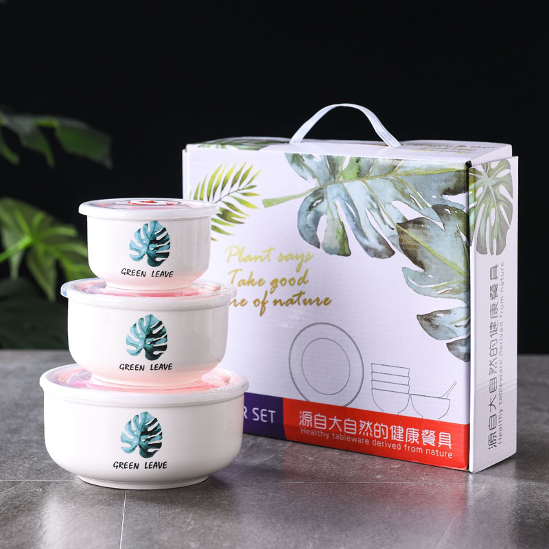 Ceramic Bowl Fresh-keeping Bowl Three-piece Set Sealed Bowl Tableware Set Handsome Gifts Daily Commodities Business Opening Staff Gifts