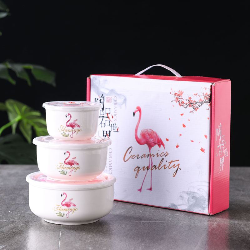 Ceramic Bowl Fresh-keeping Bowl Three-piece Set Sealed Bowl Tableware Set Handsome Gifts Daily Commodities Business Opening Staff Gifts