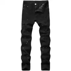 Cross-Border Exclusive Supply of Distressed Men's Jeans, Trendy Slightly Stretchy Slim Straight-Leg Versatile Slim-Fit Youth Fashion Men's Pants