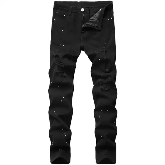 Cross-Border Exclusive Supply of Distressed Men's Jeans, Trendy Slightly Stretchy Slim Straight-Leg Versatile Slim-Fit Youth Fashion Men's Pants