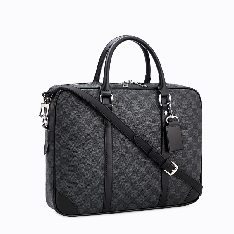 LVALUE European and American Fashion Big Brand Men's Bag Black Plaid Business Computer Bag Men's Old Flower Portable Briefcase