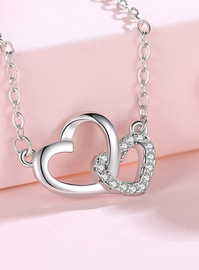 s925纯银双心项链女士锁骨链桃心心相扣吊坠爱心生日礼物送女友