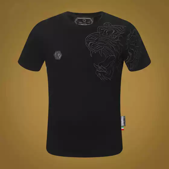 European and American Pp Trendy Brand Philippu Fashion Short-Sleeved Dragon Exquisite Embroidered Summer T-Shirt Round Neck Hot Diamond