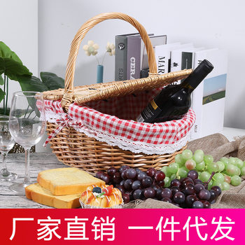 Outdoor portable picnic basket rattan storage basket pastoral large oval rattan storage basket with lid hand woven basket