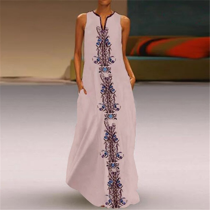 Vintage Floral Print Womens Dress V Neck Sleeveless Pocket Design Summer Casual Wear Wholesale Available