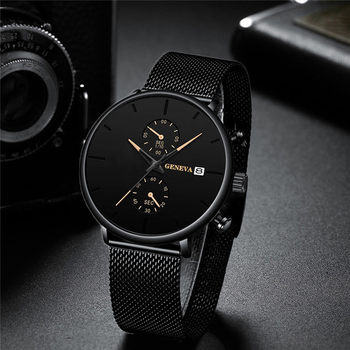 Geneva Pure Black Mesh Strap Men's Watch Men's Calendar Business Casual Watch Waterproof Quartz Watch Large Dial