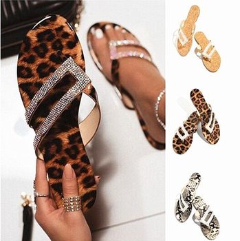 Large Size Sandals Women's 2020 New Flat Soft Bottom European and American Leopard Rhinestone Casual Beach Slippers wish Amazon