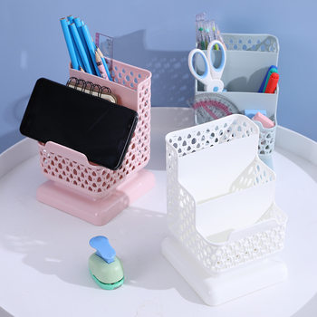 Desktop hollow cosmetic storage box mobile phone holder creative office plastic three-layer multifunctional storage Pen Holder