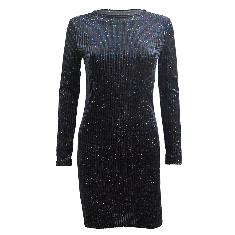 Pink Velvet Long Sleeve Bodycon Dress Sparkling Sequins Elegant Evening Wear Wholesale Available