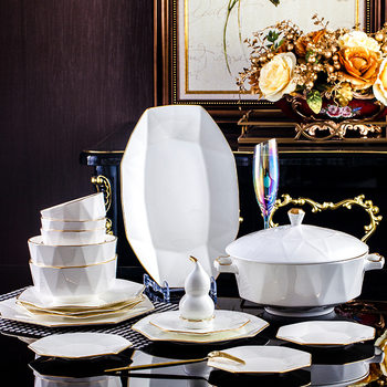 Jingdezhen Tableware Set for Home Use, Bone China Nordic Style, Simple Gold-Rimmed High-End Ceramic Holiday Gift