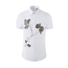 Chest counterpoint color flower embroidery casual high-end short sleeve shirt slim summer handsome shirt a generation of hair