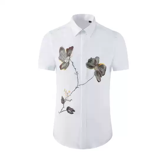 Chest counterpoint color flower embroidery casual high-end short sleeve shirt slim summer handsome shirt a generation of hair