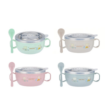 Factory spot handle with lid baby stainless steel Children's bowl cartoon heat insulation bowl with spoon