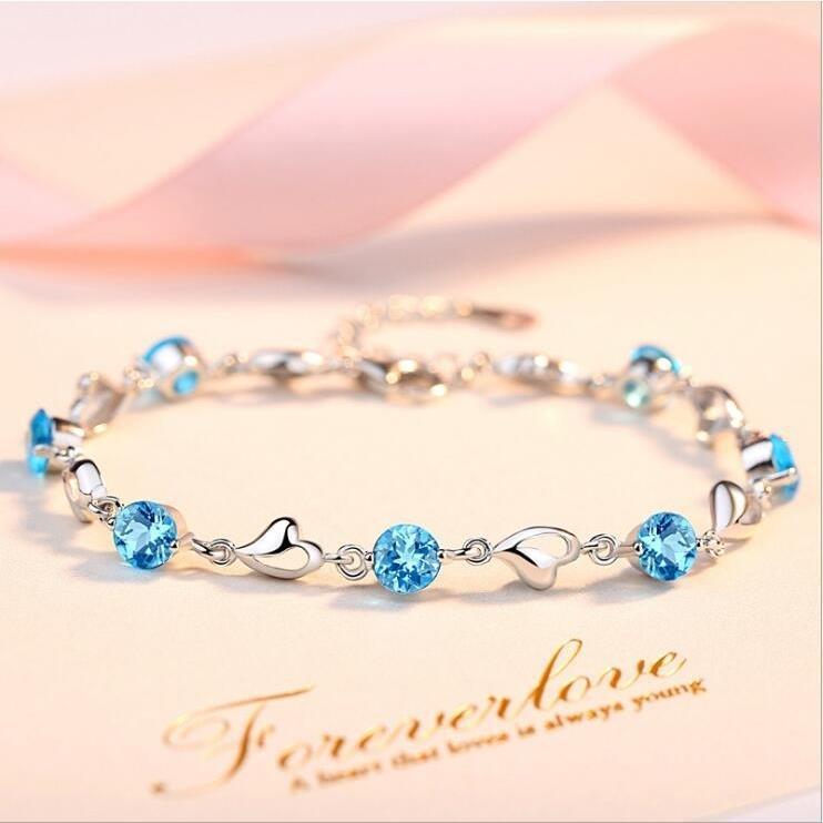 K-Style of the Ocean Heart Literary Blue Crystal Heart-Shaped Zircon Bracelet for Women Niche Elegant Inlaid with Colored Diamonds Heart Hand Jewelry