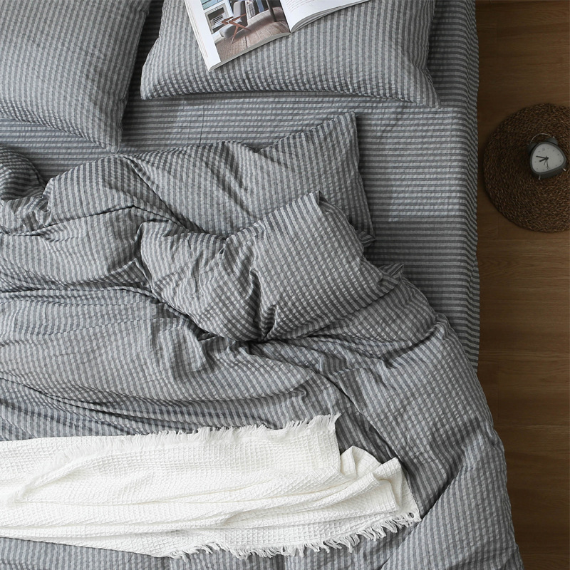 Non-printed Japanese-style good product washed cotton seersucker four-piece set wholesale pure cotton bedding set 1.8 m double quilt cover