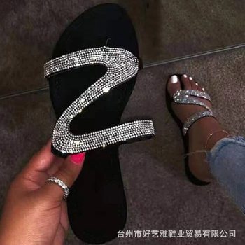 W Rhinestone Flat Slippers Diamond Ladies Shoes Women Slippers