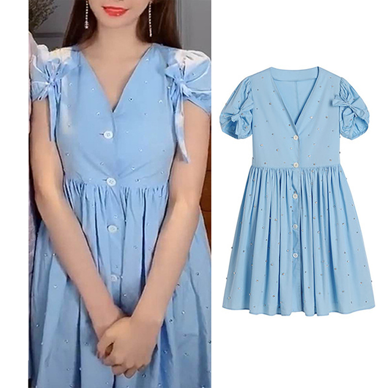 Đầm maxi nữ thắt eo A-line tay ngắn cổ V — Xanh nhạt