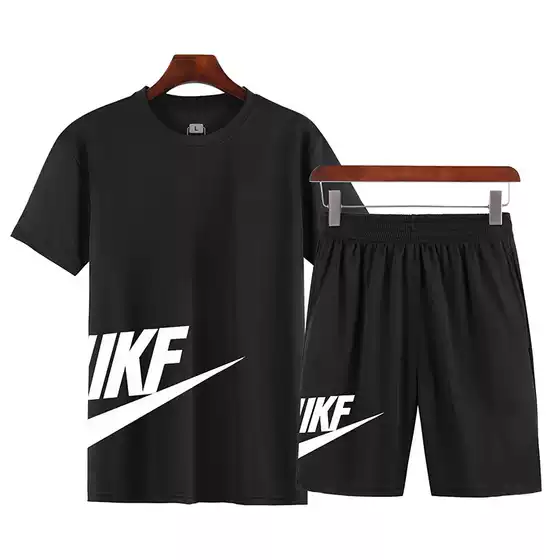 Sports Suit Men's Summer Casual Suit Gym Running Suit Loose Round Neck Group Printed Quick-drying T-shirt