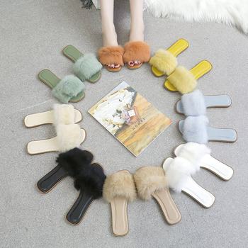 Women's Outer Wear Sandals 2024 New Summer Fashion Furry Square Toe Flats Bottom Korean Style Internet Celebrity Lairen One-Line Sandals