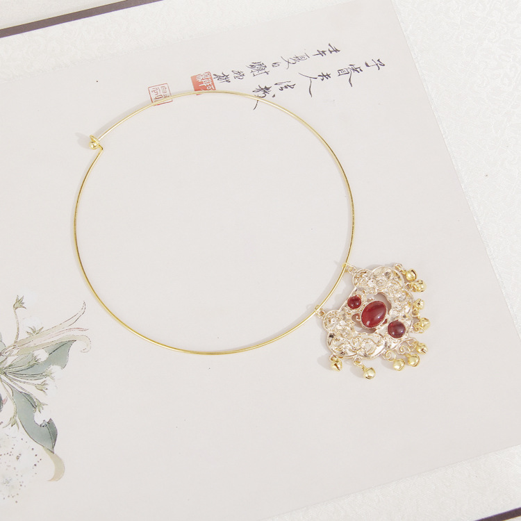 Original Hanfu Soft Choker Necklace, Ancient Style Accessory, Classical Ethnic Style Jewelry for Women, Glass Pendant Neck Chain