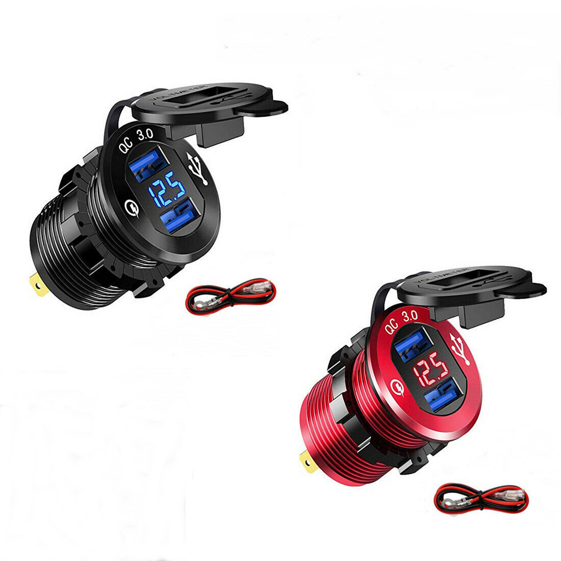 Cross-Border Car Modification Metal Shell Dual Qc3.0 USB Mobile Phone Charger Socket with Voltmeter Wiring