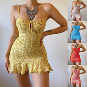 2023 New Spring and Summer Amazon Independent Station Women's European and American Sexy Floral Suspender Chest Hollow Dress