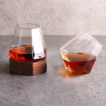Creative Tumbler Whiskey Classical Cocktail Glass Personalized Diamond Cup with Wooden Tray Combination Set