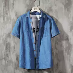 Korean Style Casual Denim Short Sleeve Shirt New Youth Slim Fit Pure Cotton Oxford Short Sleeve Shirt Top