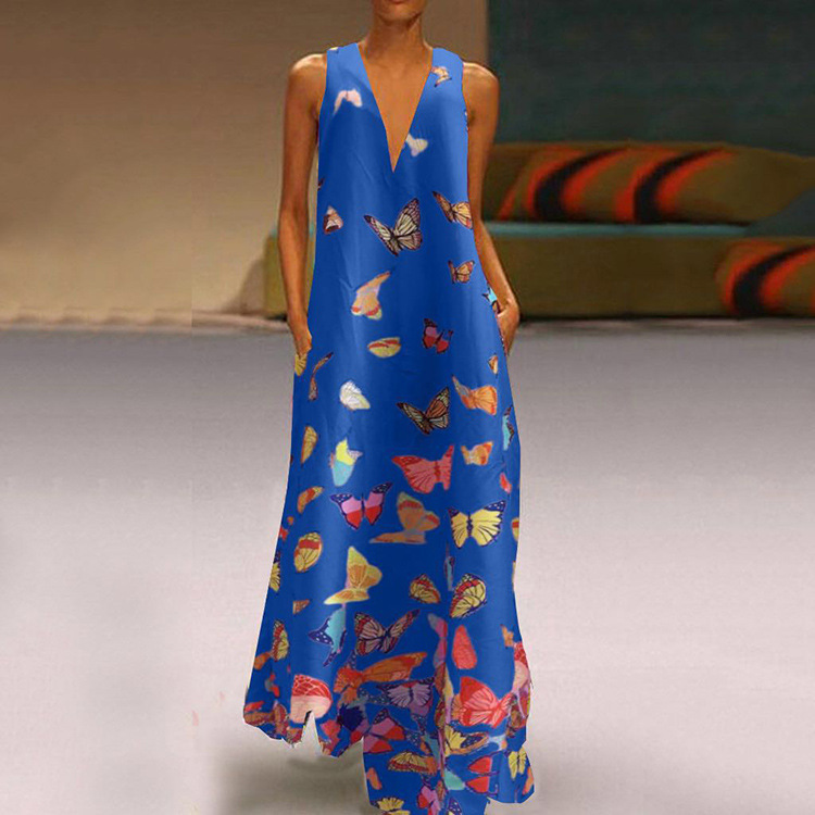 Bohemian Butterfly Print Maxi Dress V Neck Sleeveless Plus Size Summer Beachwear Wholesale Available