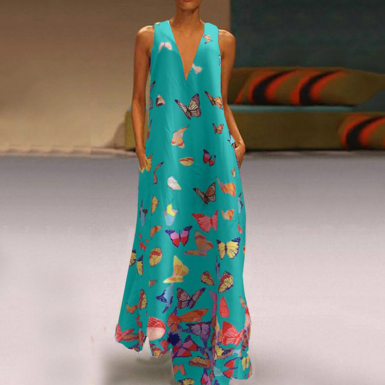 Bohemian Butterfly Print Maxi Dress V Neck Sleeveless Plus Size Summer Beachwear Wholesale Available