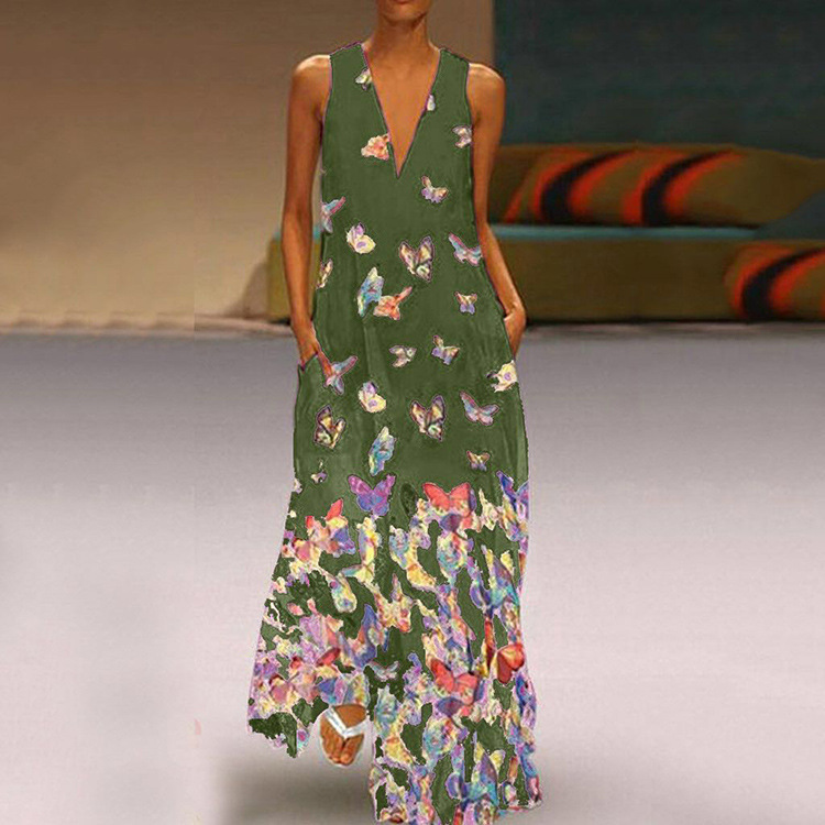 Bohemian Butterfly Print Maxi Dress V Neck Sleeveless Plus Size Summer Beachwear Wholesale Available