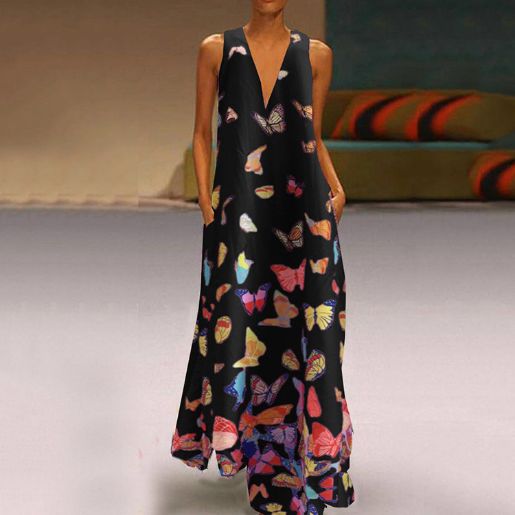 Bohemian Butterfly Print Maxi Dress V Neck Sleeveless Plus Size Summer Beachwear Wholesale Available