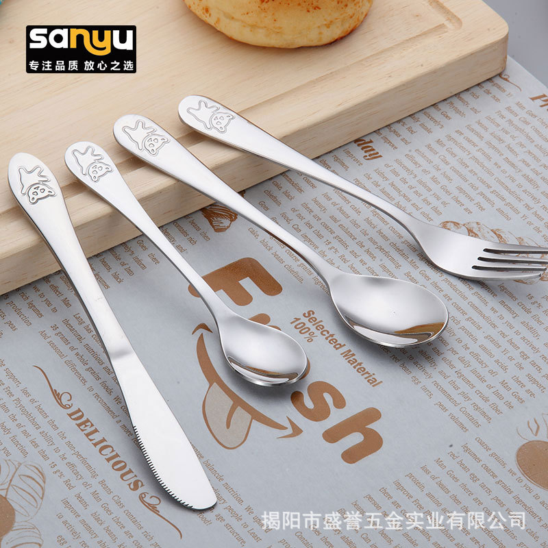 304 stainless steel tableware children's cartoon bear knife fork spoon tea spoon tableware 4-piece set kindergarten gift set
