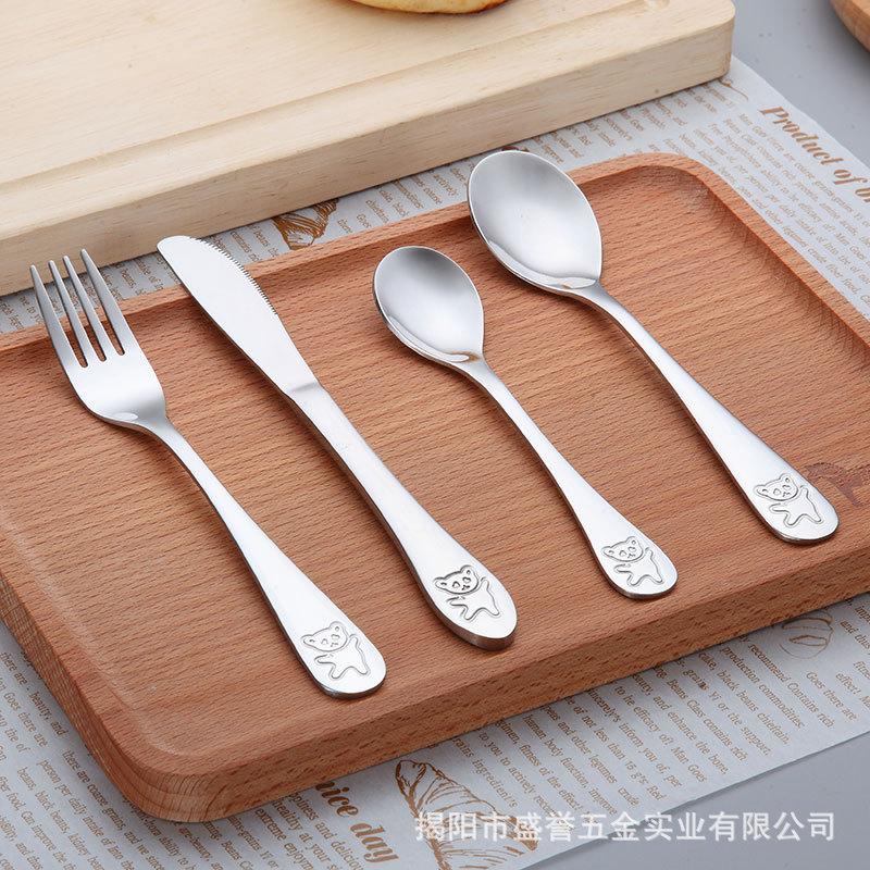 304 stainless steel tableware children's cartoon bear knife fork spoon tea spoon tableware 4-piece set kindergarten gift set