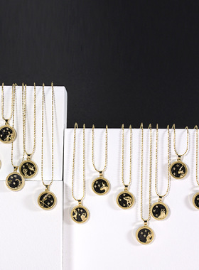 跨境热销硬币合金锁骨链金色白天黑夜项链十二星座情侣闺蜜項鍊