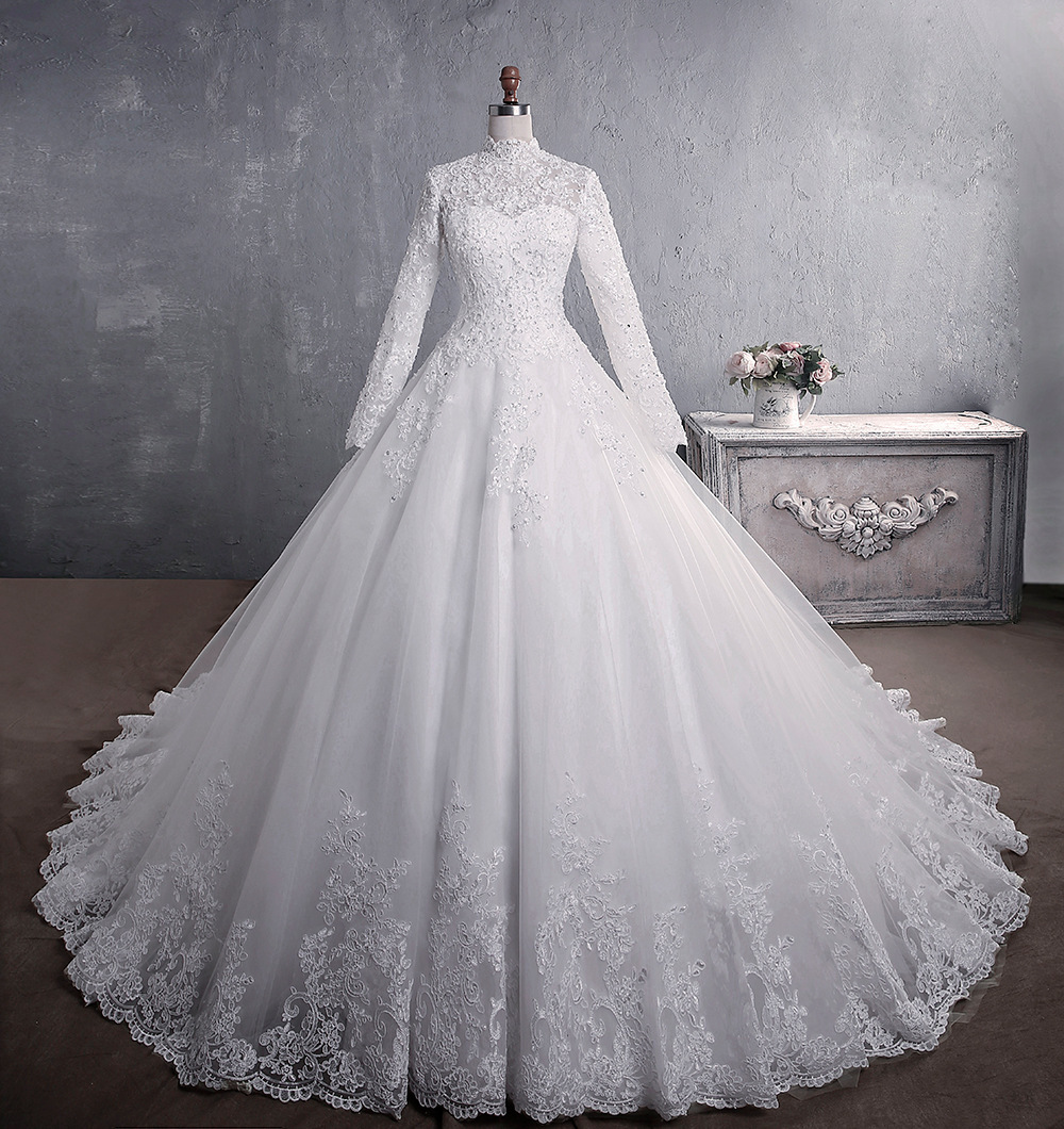 Wedding Dresses Heavy Industry Long Sleeve Lace Bridal Stand Collar Large Trailing Minimalist Wedding Dress Wedding Dress for Women