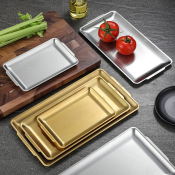 Korean Style 304 Stainless Steel Rectangular Plate Thickened Golden Barbecue Plate Dish Plate Sushi Plate Flat Bottom Tray Storage Plate