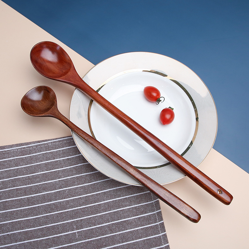 Solid Wood Japanese Style Long Handle Spoon Household Tableware Large Paint Soup Spoon Modulated Coffee Mixing Spoon Wholesale Ice Cream Wooden Spoon