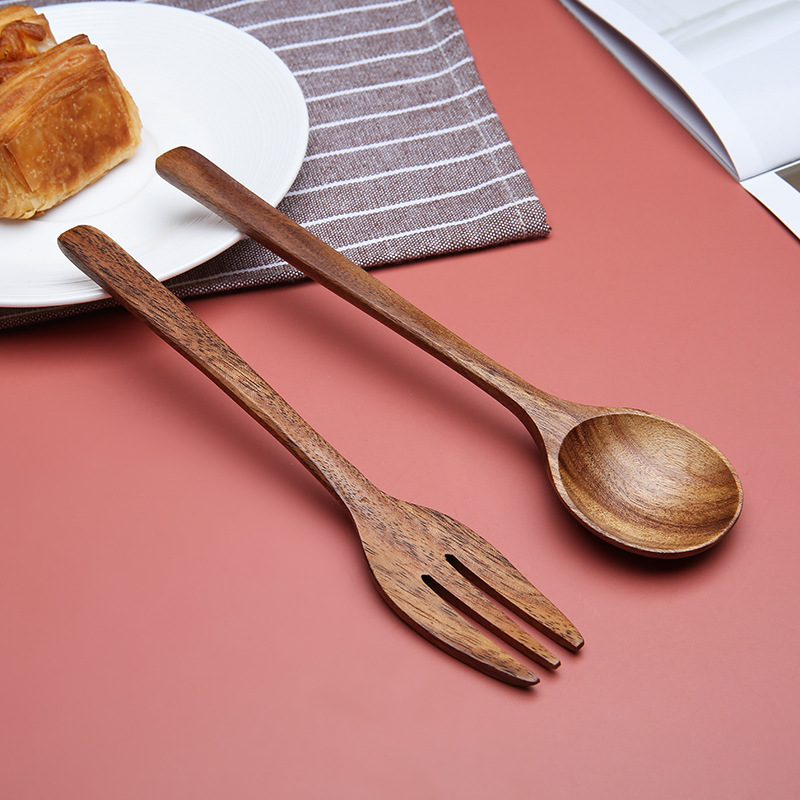 Wooden spoon acacia wood tableware Japanese fork wooden spoon suit household unpainted wooden spoon spoon spoon can be printed LOGO