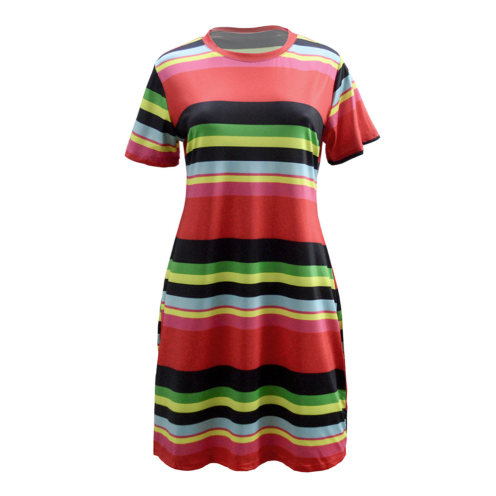Plus Size Red Striped Dress Slim Fit Short Sleeve Comfortable Fabric Summer Fashion for Women Wholesale Available