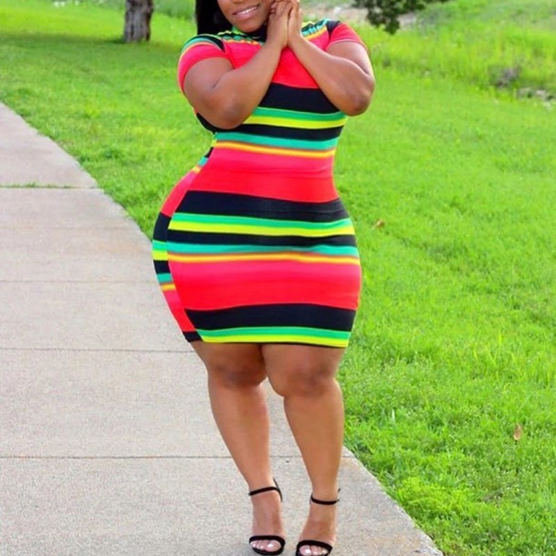 Plus Size Red Striped Dress Slim Fit Short Sleeve Comfortable Fabric Summer Fashion for Women Wholesale Available